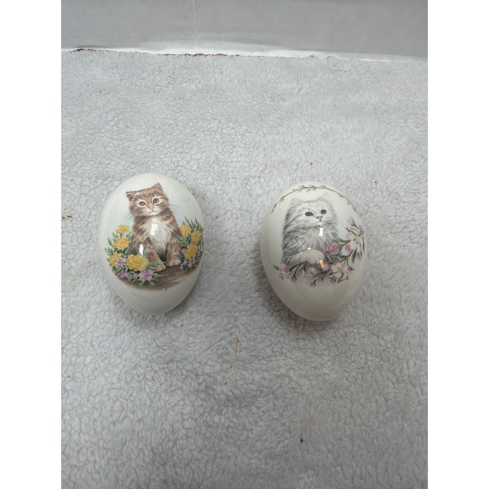 Vintage Decorative Ceramic Eggs White 2" Kitten Floral Set of 2 Persian Tabby